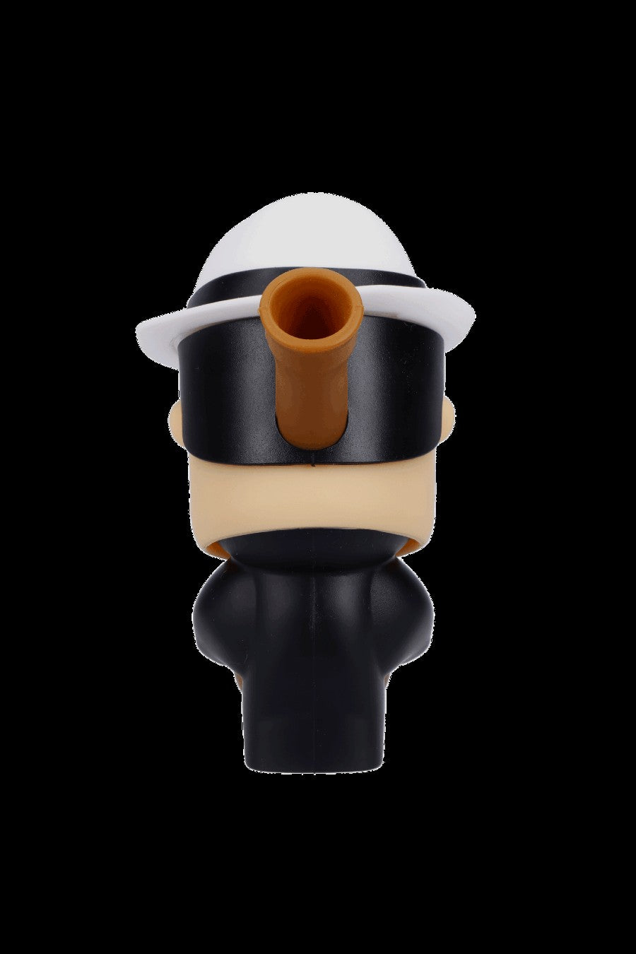 Stylized cartoon figurine of a person wearing sunglasses and a hat, functioning as a pipe.