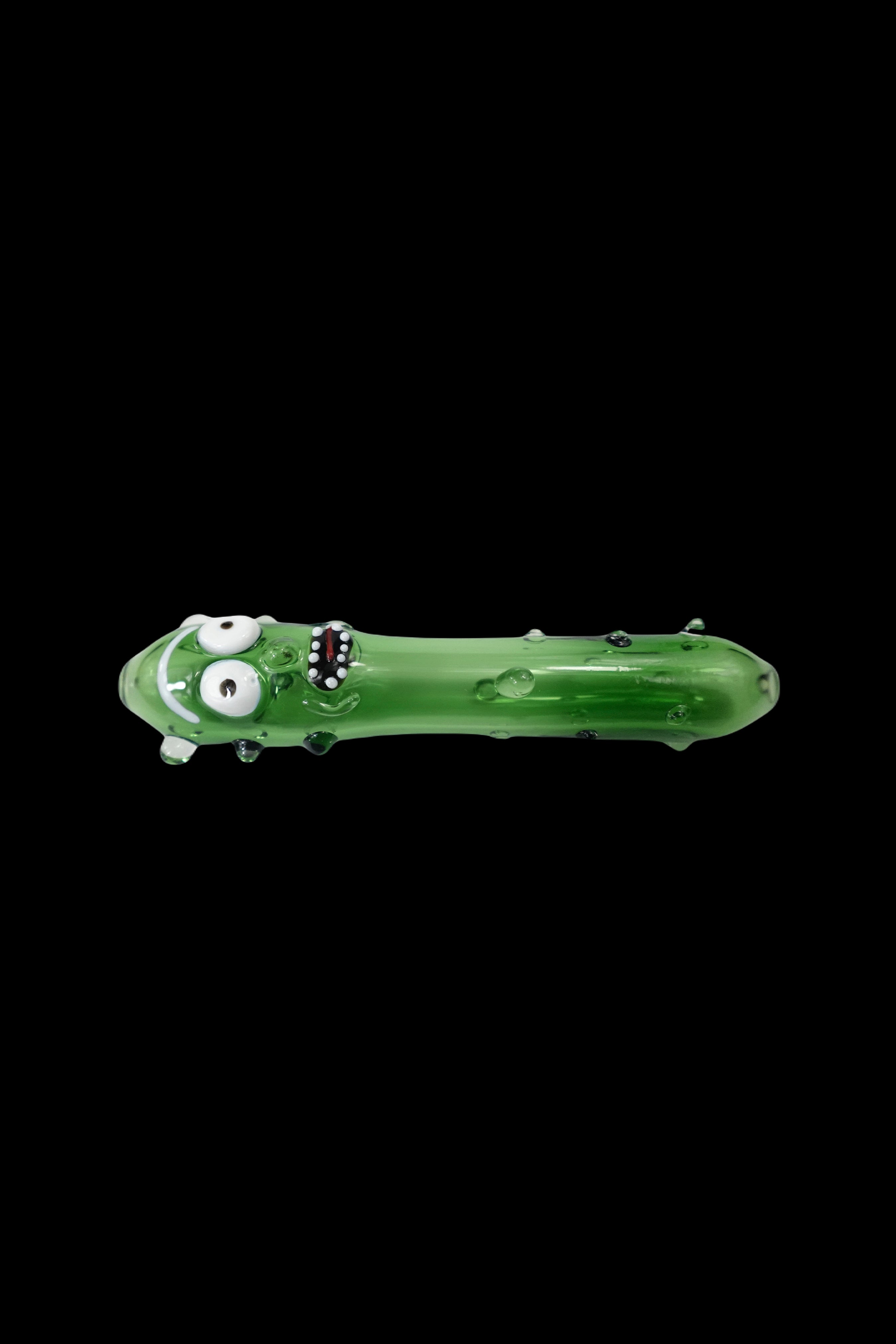 Rick Sanchez-themed glass pipe on a black background.