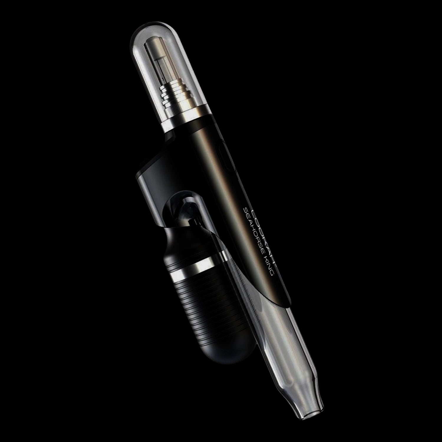Angled close-up of the red Lookah Seahorse King Vaporizer showing its translucent mouthpiece, metallic chamber, and textured grip against a black background