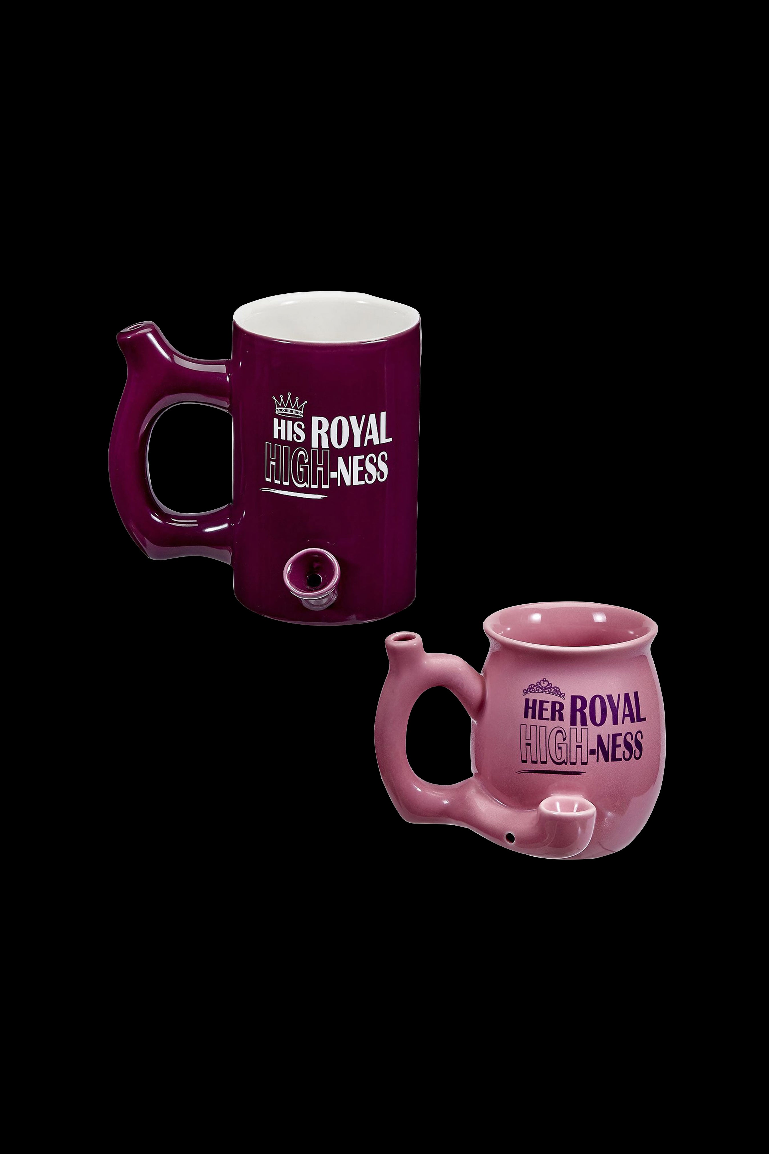 Pink ceramic creamer and sugar bowl set with “His Royal Highness” and “Her Royal Highness” text, resembling cannabis water pipes.