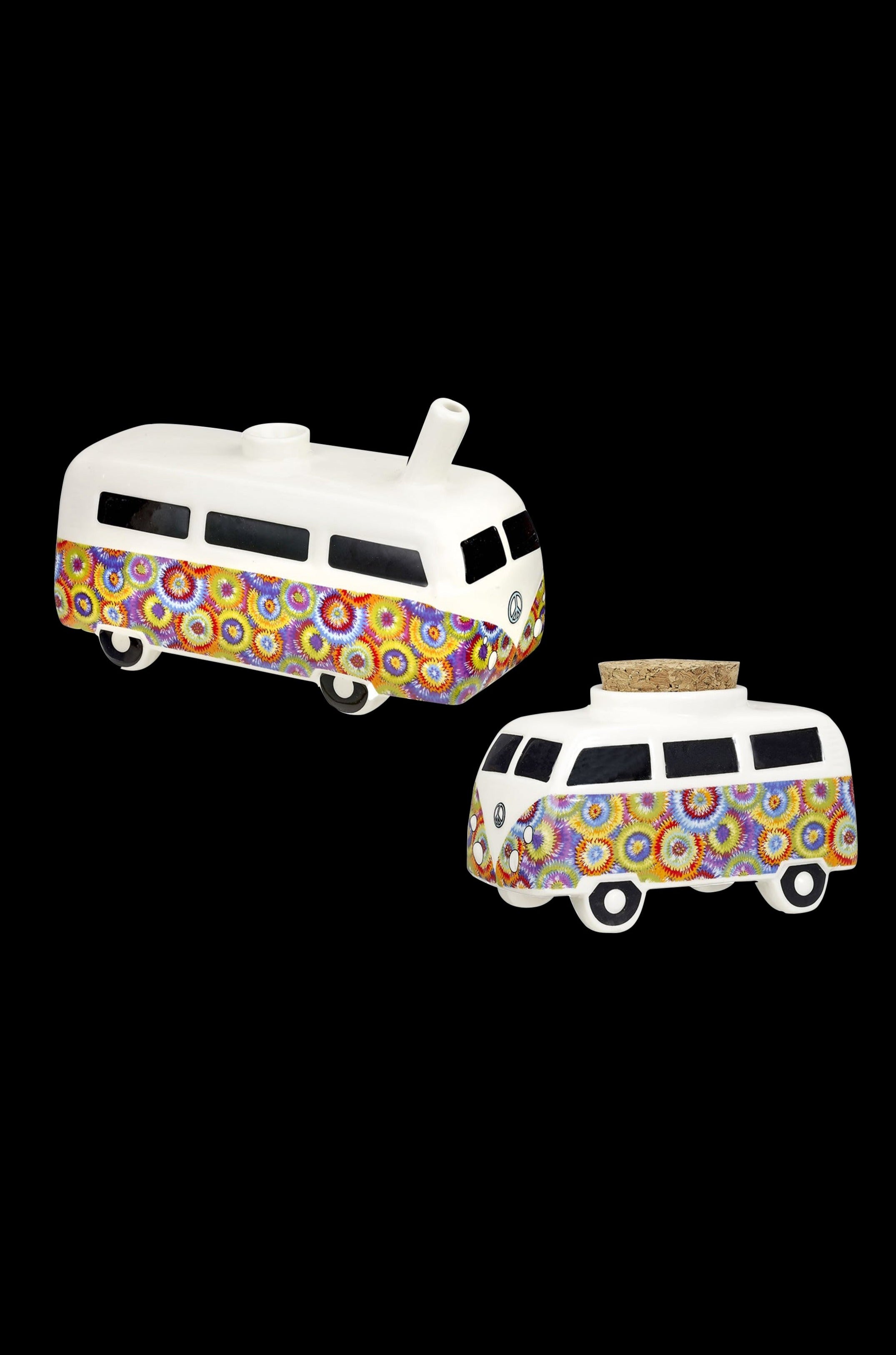 Two ceramic van-shaped cannabis water pipes with psychedelic floral patterns on a black background.