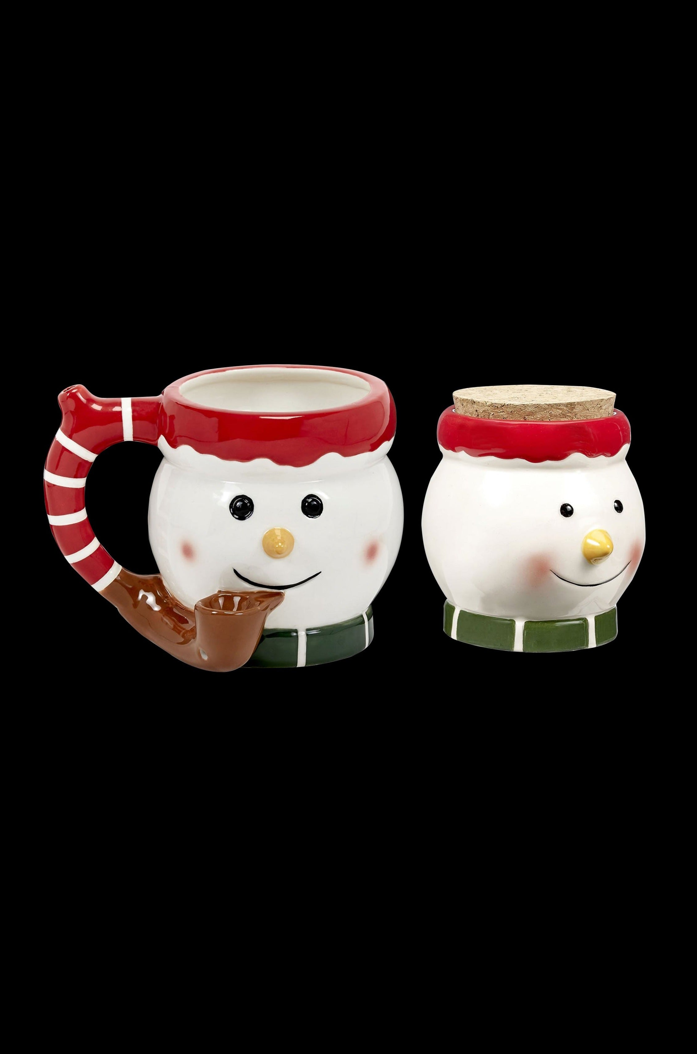 Ceramic snowman-shaped stash jars with a festive holiday design.