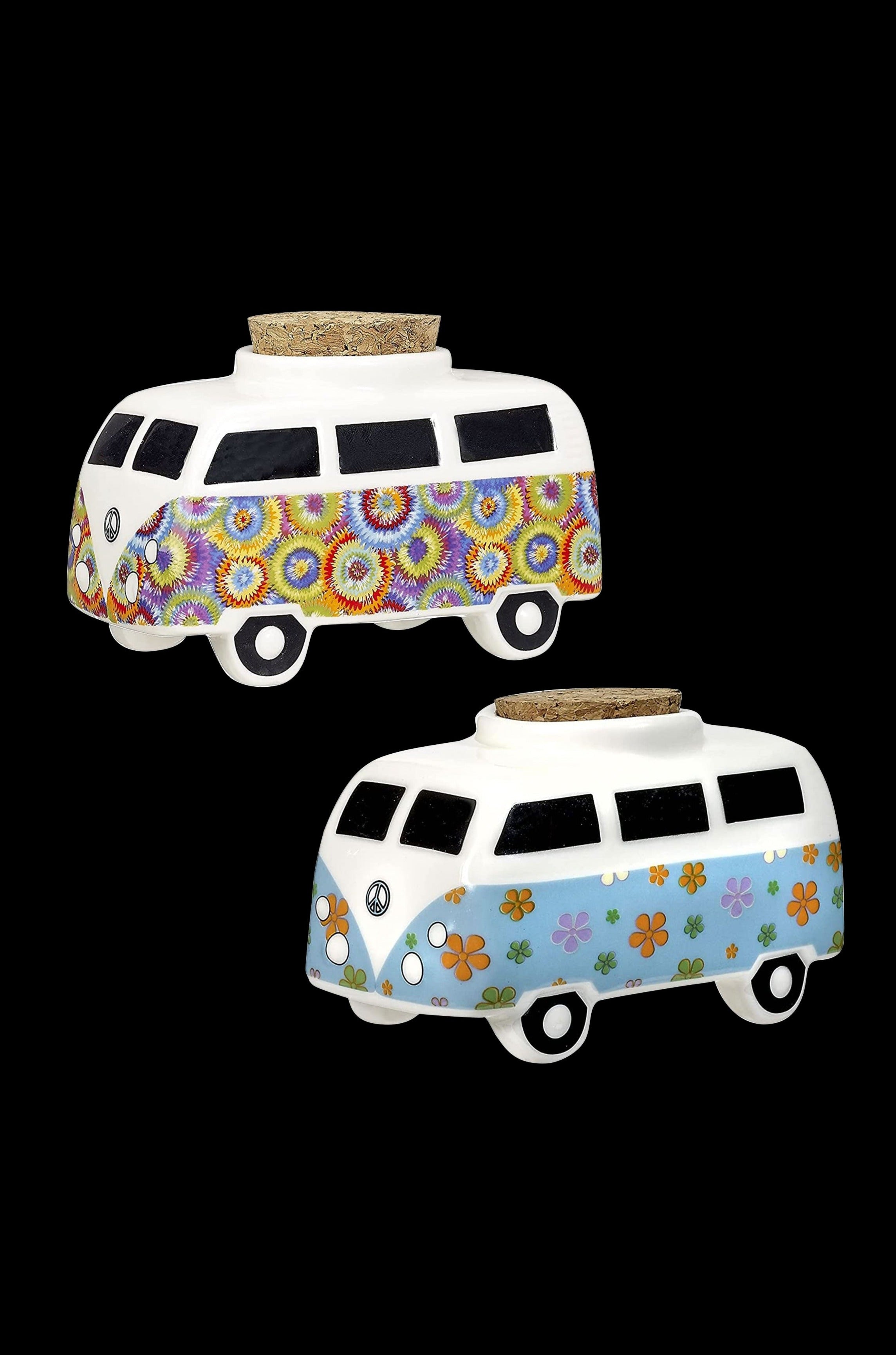 Two ceramic van-shaped stash jars with colorful psychedelic patterns on a black background.