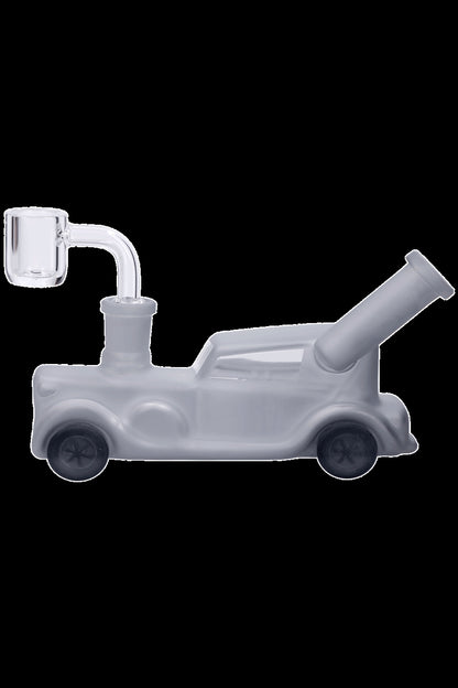 Frosted glass water pipe shaped like a classic car with black wheels.
