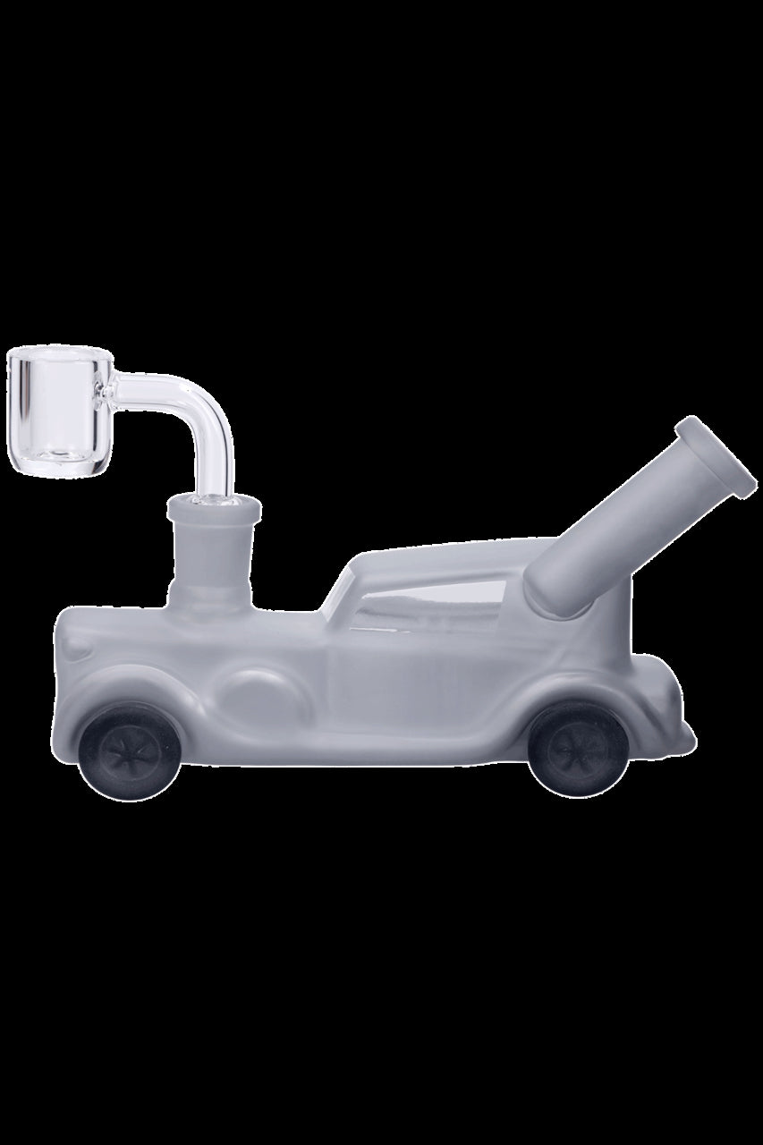 Frosted glass water pipe shaped like a classic car with black wheels.