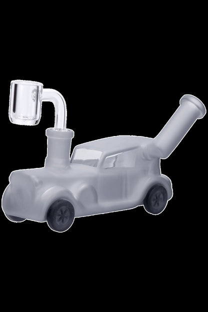 Frosted glass water pipe shaped like a classic car with a glass bowl and mouthpiece.