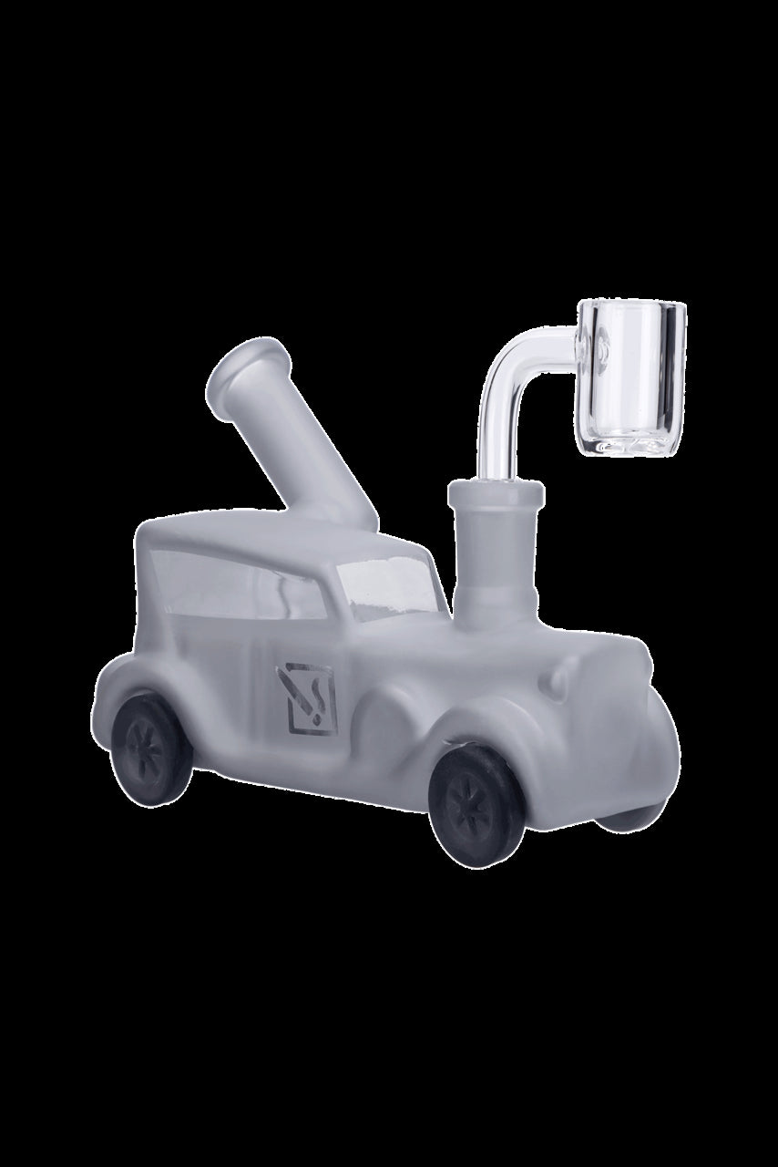 Frosted glass water pipe shaped like a classic car with a quartz banger.