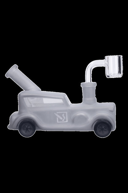Frosted glass water pipe shaped like a classic car with a quartz banger.