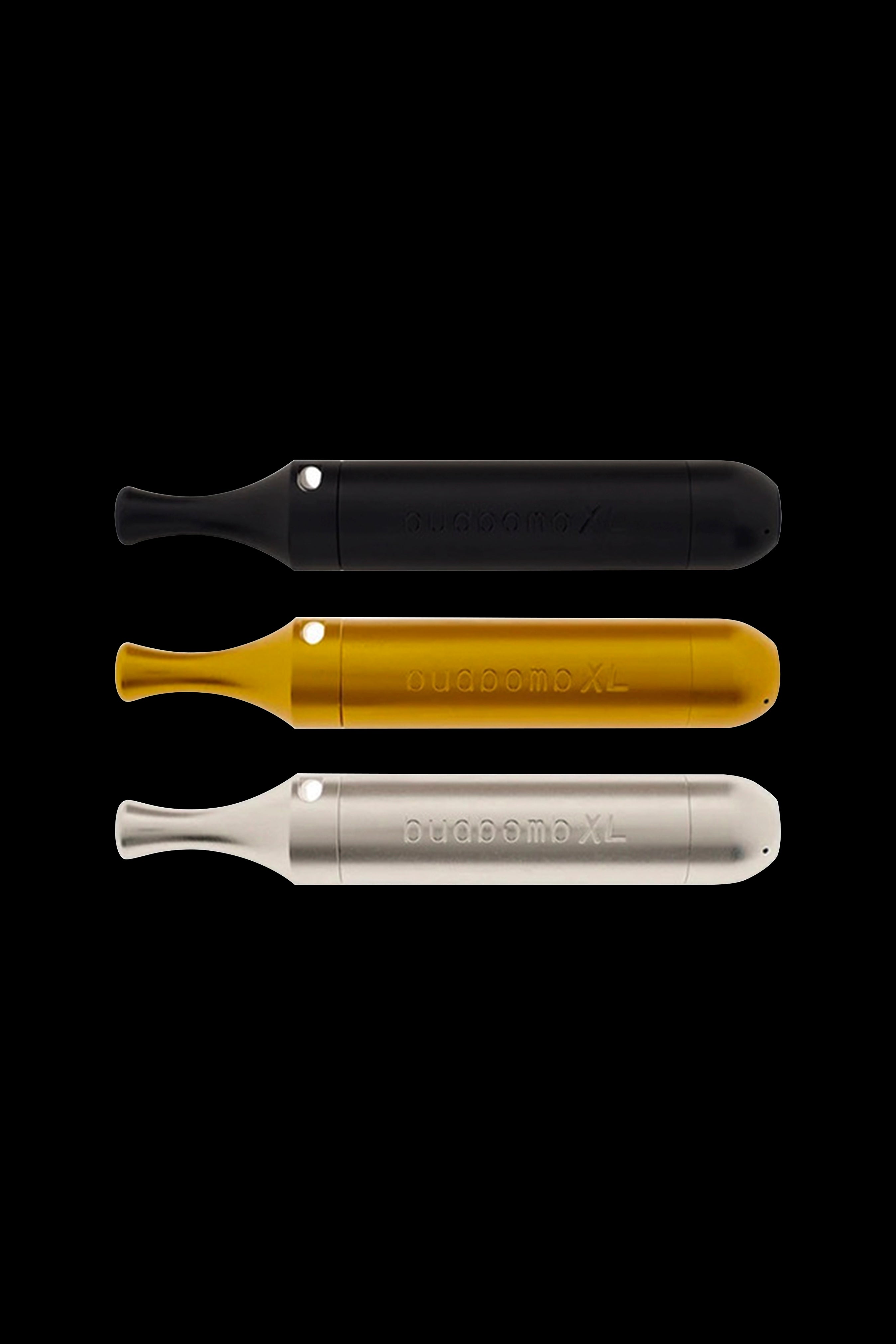 Three cannabis oil vape pen cartridges in black, gold, and silver, stacked vertically on a black background.