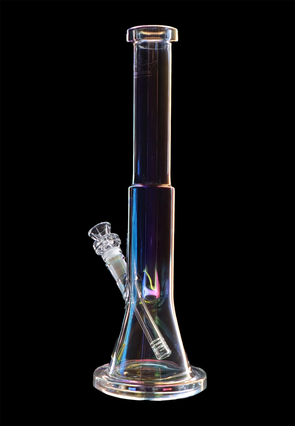 Iridescent glass water pipe (bong) against a black background.