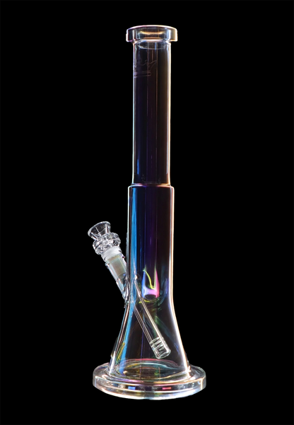 Iridescent glass water pipe (bong) against a black background.