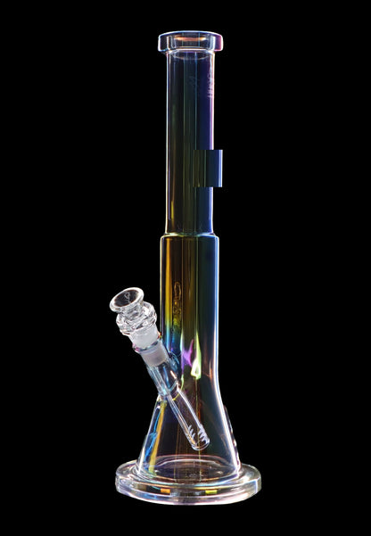 Iridescent glass bong against a black background.