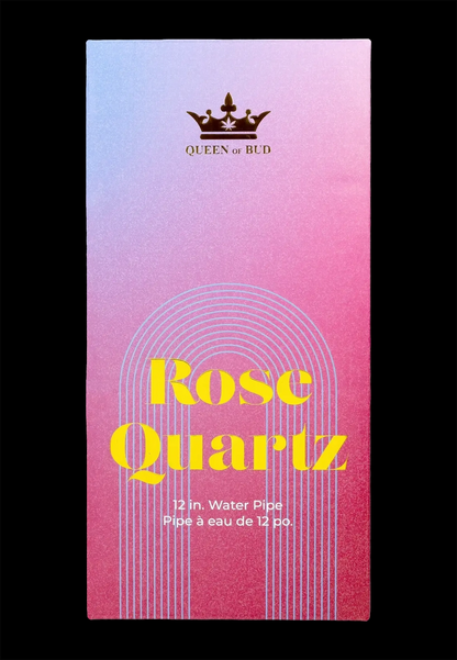 Pink packaging for “Rose Quartz” 12-inch water pipe with cannabis leaf crown logo. <start_of_image>