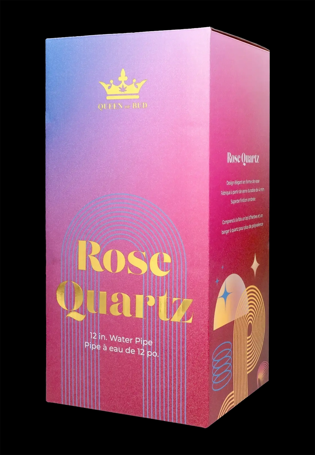 Packaging for a “Rose Quartz” 12-inch water pipe, featuring a pink and gold design with floral imagery.