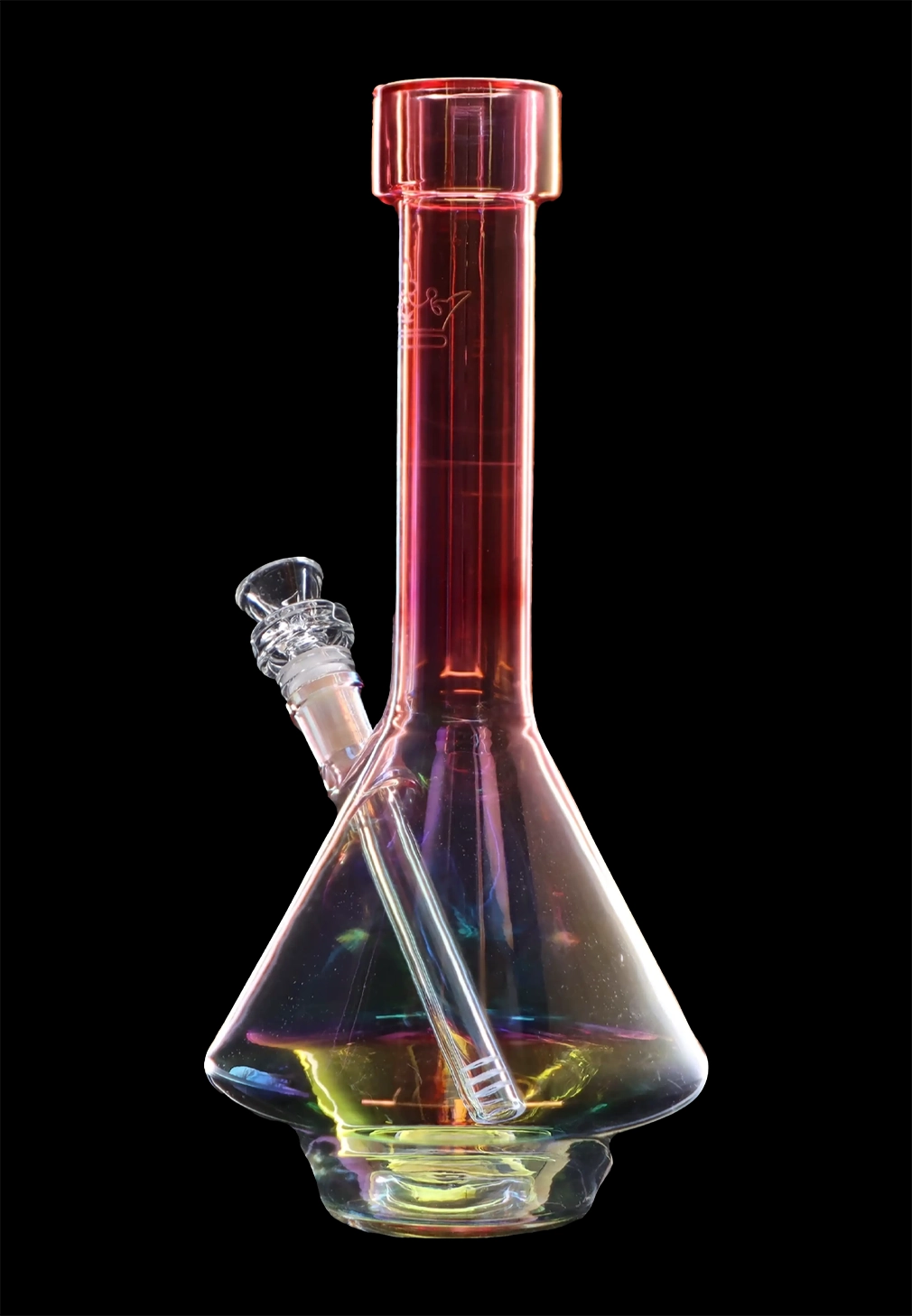 Iridescent glass water pipe (bong) against a black background.