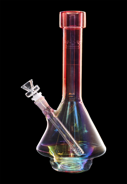 Iridescent glass water pipe (bong) with a flared base and clear mouthpiece, isolated on black.