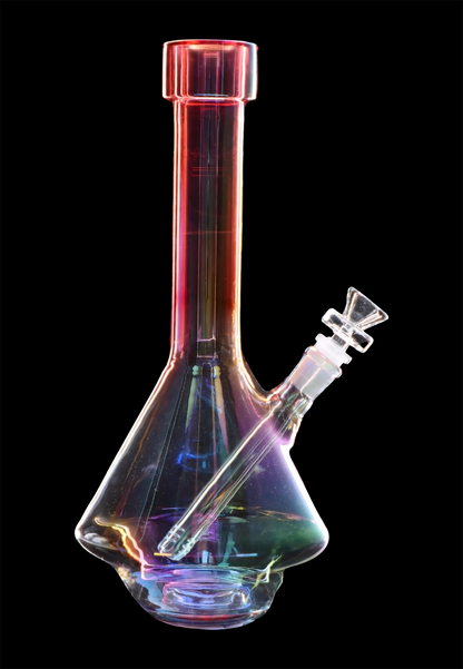 Iridescent glass water pipe (bong) against a black background.