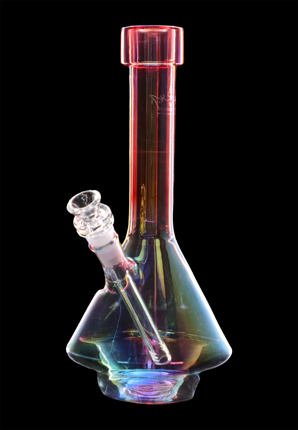 Iridescent glass water pipe (bong) against a black background.