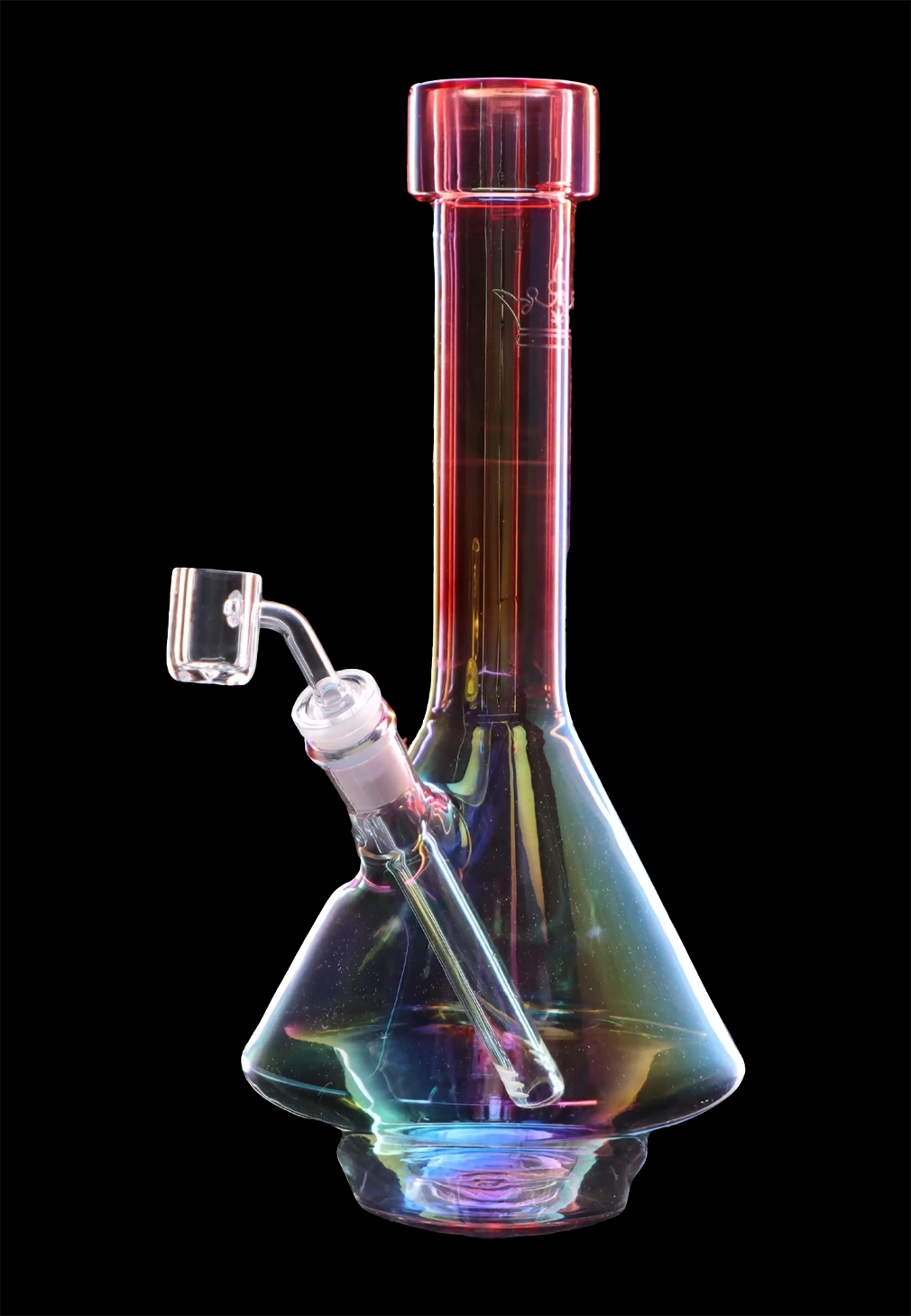 Iridescent glass rig with a quartz banger, isolated on black.