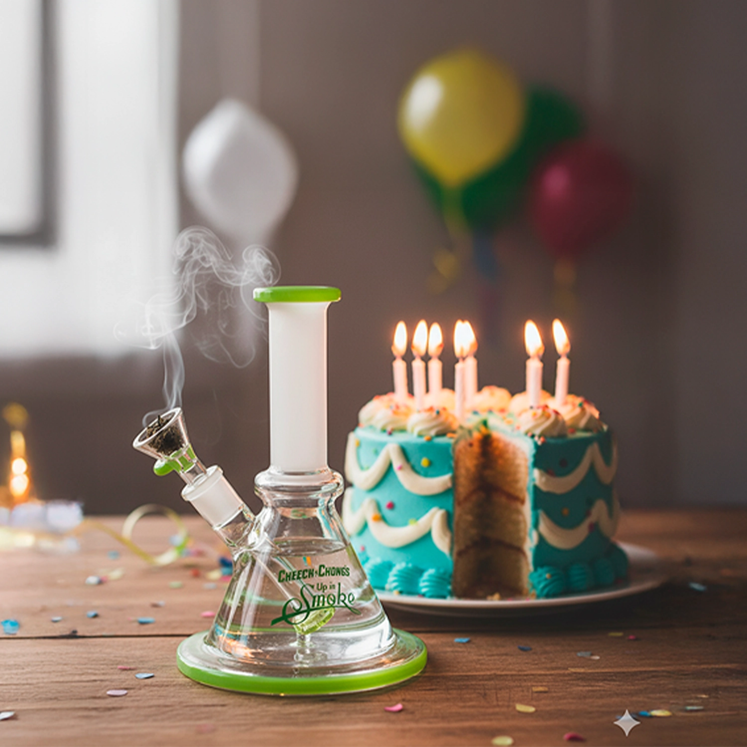 Three-quarter front view of the Cheech & Chong "Pedro" Mini Beaker Bong on a wooden table with birthday cake and lit candles blurred in the background.