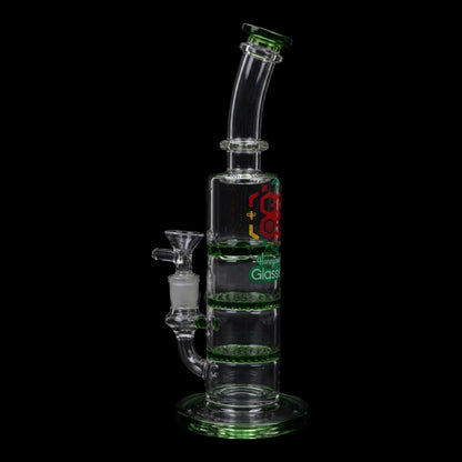 Angled studio shot of the Smoke Cartel-Bent Neck Water Pipe w/Triple Honey Comb Perc-Green-9.5 in showing clear glass with green accents and stacked honeycomb percs against a black background