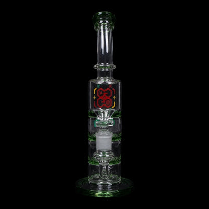 Centered front view of the Smoke Cartel-Bent Neck Water Pipe w/Triple Honey Comb Perc-Green-9.5 in showing its clear glass body, green accents, and red honeycomb decal against black