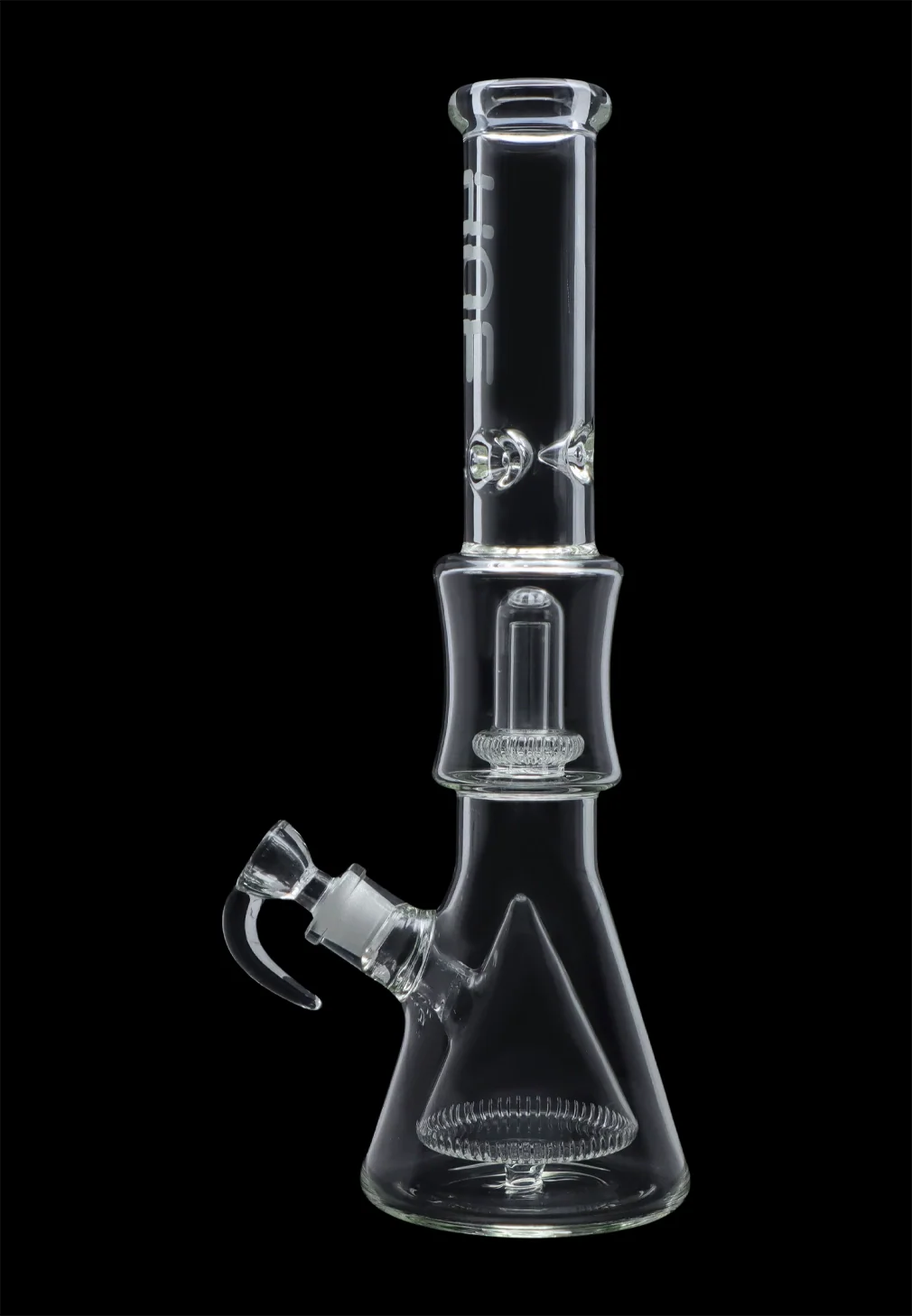 Centered front view of the Hue - Pyramid Water Pipe Clear - 16.25" standing against a black background, showing its clear glass beaker base, angled joint, and straight neck with logo.
