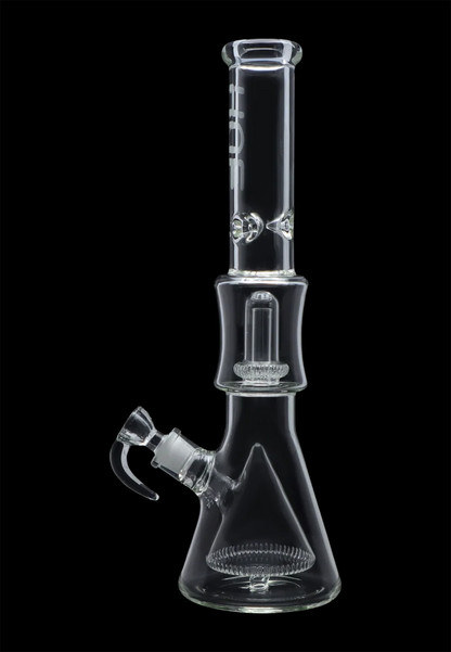 Centered front view of the Hue - Pyramid Water Pipe Clear - 16.25" standing against a black background, showing its clear glass beaker base, angled joint, and straight neck with logo.
