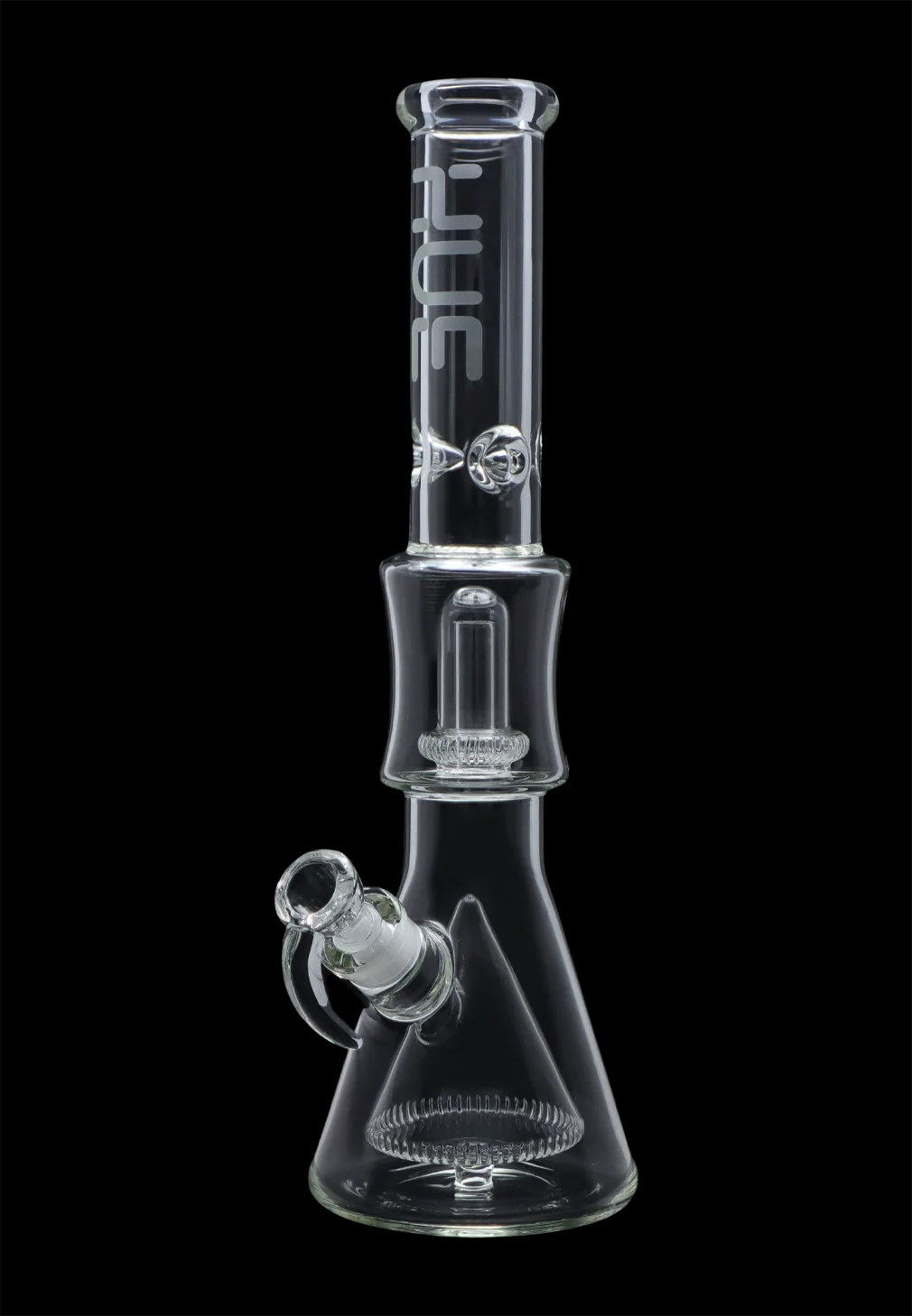 Centered front view of the clear Hue - Pyramid Water Pipe Clear - 16.25" showing its beaker base, flared mouthpiece, percolator column, and glass bowl against a black background