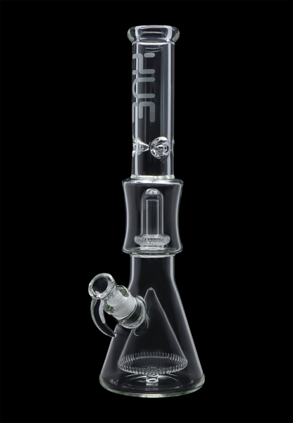 Centered front view of the clear Hue - Pyramid Water Pipe Clear - 16.25" showing its beaker base, flared mouthpiece, percolator column, and glass bowl against a black background