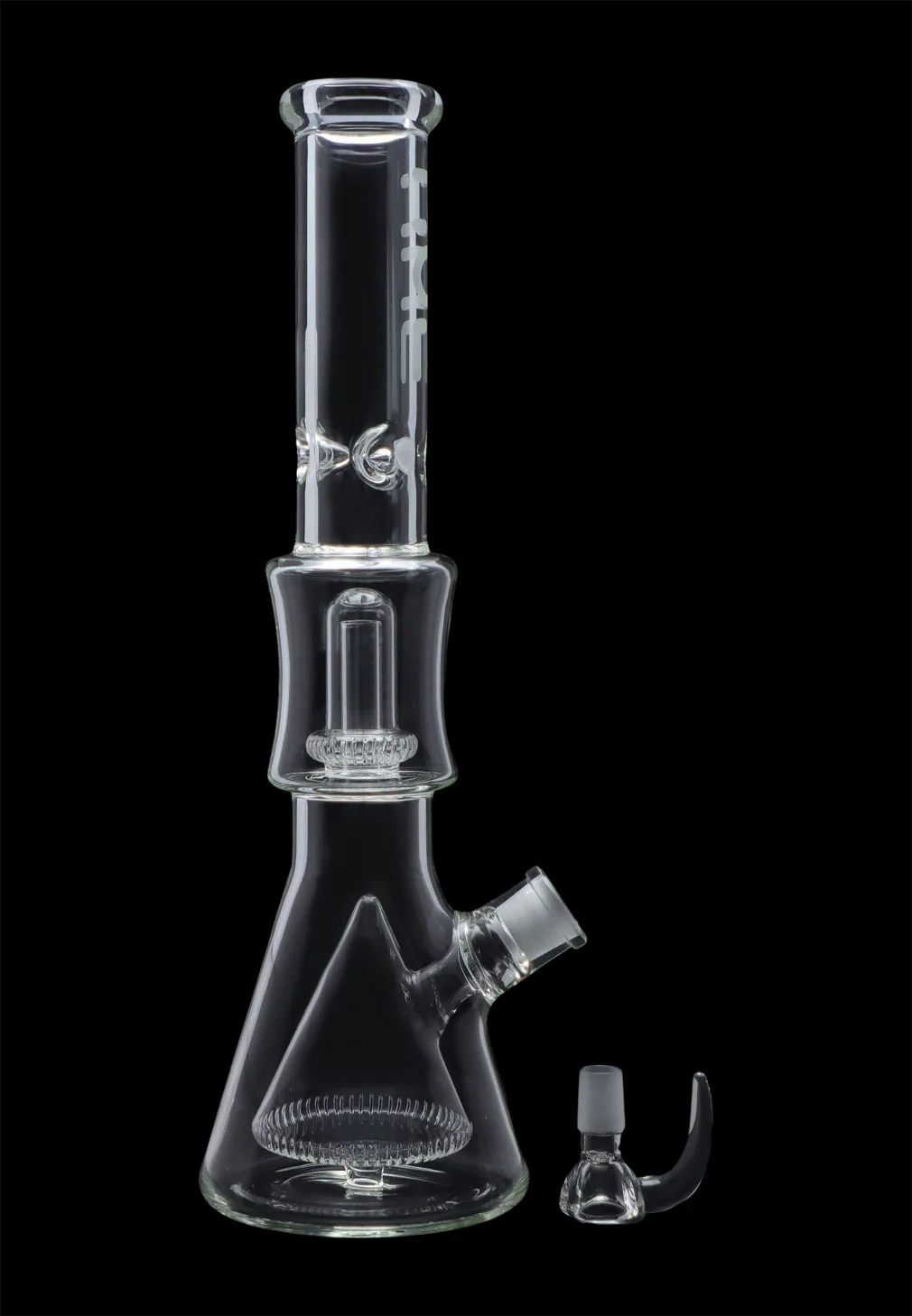 Front view of the Hue - Pyramid Water Pipe Clear - 16.25" showing the clear glass beaker base, angled joint, and removable bowl against a black background