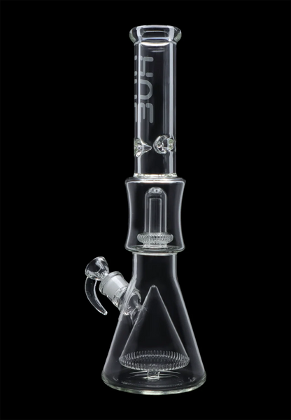 Straight-on studio shot of the Hue - Pyramid Water Pipe Clear - 16.25" showing the clear glass beaker base, internal pyramid percolator, and straight neck against a black background