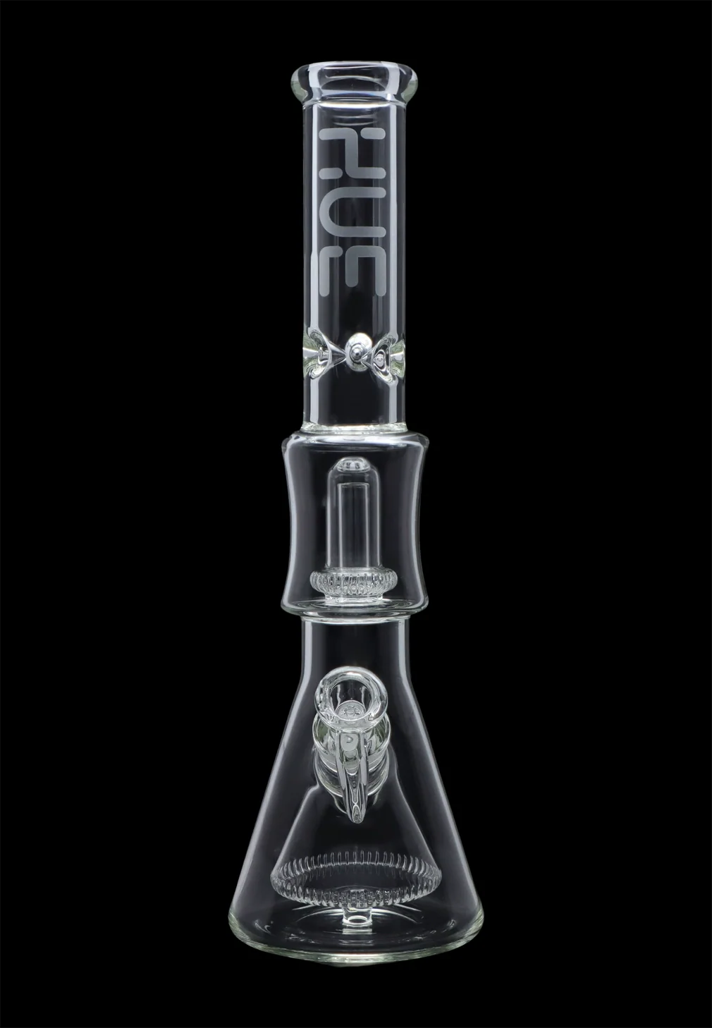 Centered full-height front view of the Hue - Pyramid Water Pipe Clear - 16.25" showing clear glass beaker base, flared neck, and etched logo on a black background