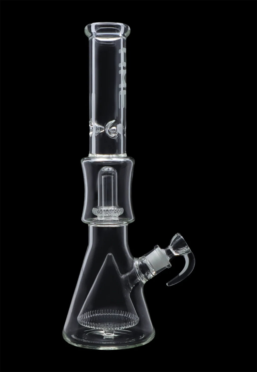 Center-front view of the clear Hue - Pyramid Water Pipe Clear - 16.25" showing the beaker base, angled joint and percolator chamber against a black background