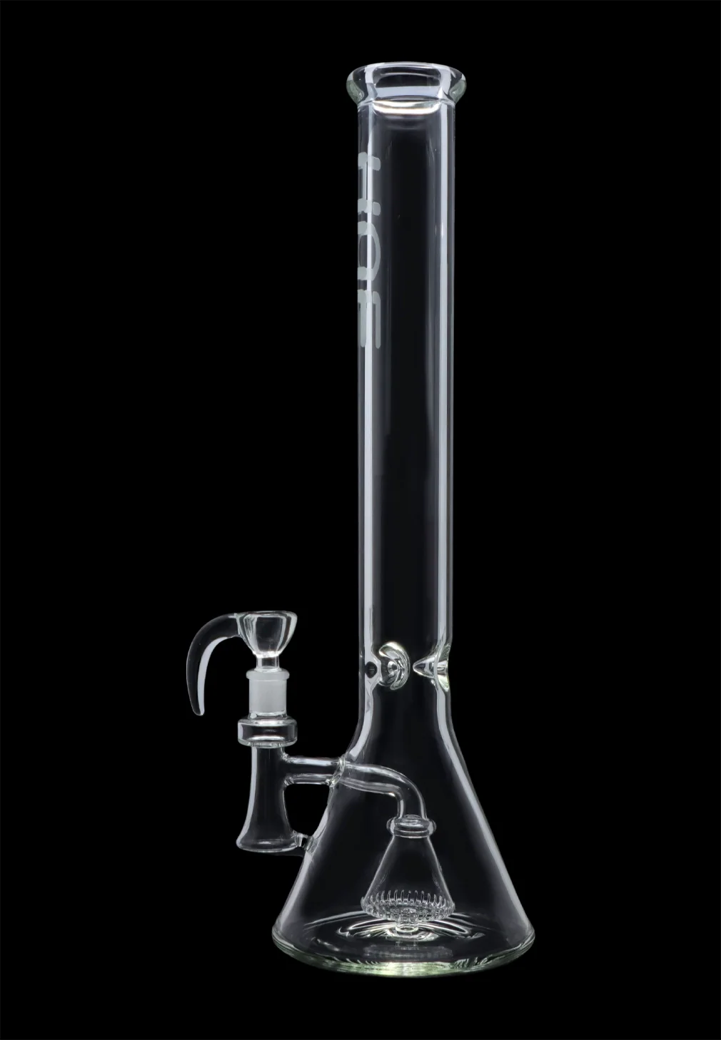 Straight-on studio shot of the Hue - Professor Water Pipe Clear - 18.5" showing the tall clear glass tube, beaker base and angled downstem against a black background