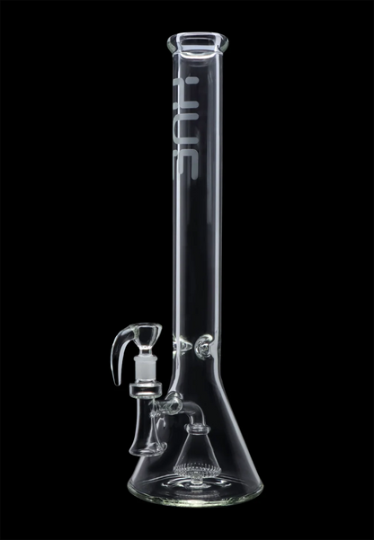 Centered front view of the Hue - Professor Water Pipe Clear - 18.5" standing tall against a black background showing its beaker base.
