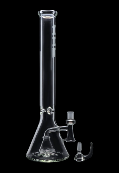 Straight-on studio shot of the Hue - Professor Water Pipe Clear - 18.5" showing the tall clear glass tube, beaker base, and detached downstem and bowl against a black background