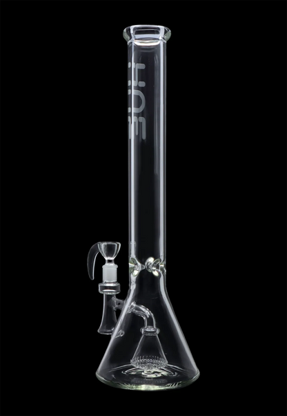 Centered front view of the Hue - Professor Water Pipe Clear - 18.5" showing its tall straight tube, beaker base and internal percolator against a black background