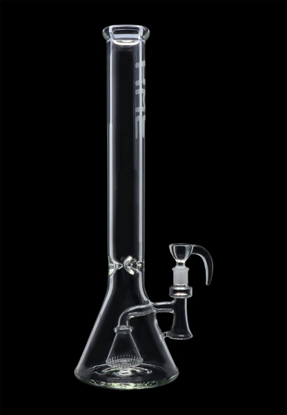 Full-height front view of the Hue - Professor Water Pipe Clear - 18.5" showing the tall clear glass tube, beaker base, and attached downstem against a black background