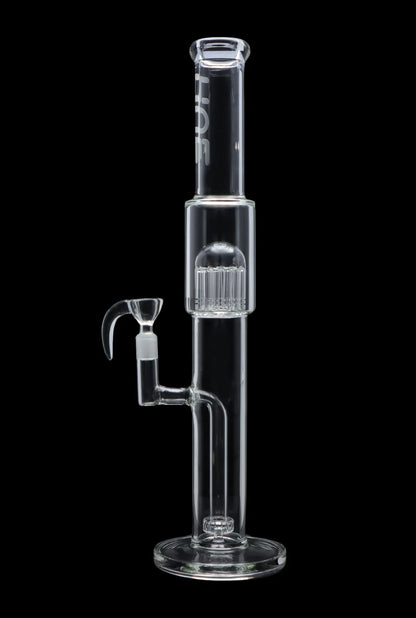 Studio front view of the Hue - Tower Water Pipe Clear - 17.75" showing the tall clear glass tube, percolator, and side joint.
