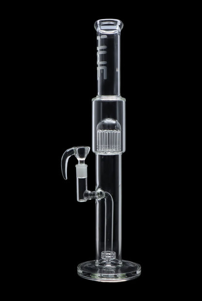 Centered front view of the Hue - Tower Water Pipe Clear - 17.75" showing a tall clear glass tube with a percolator chamber and removable side bowl against a black background