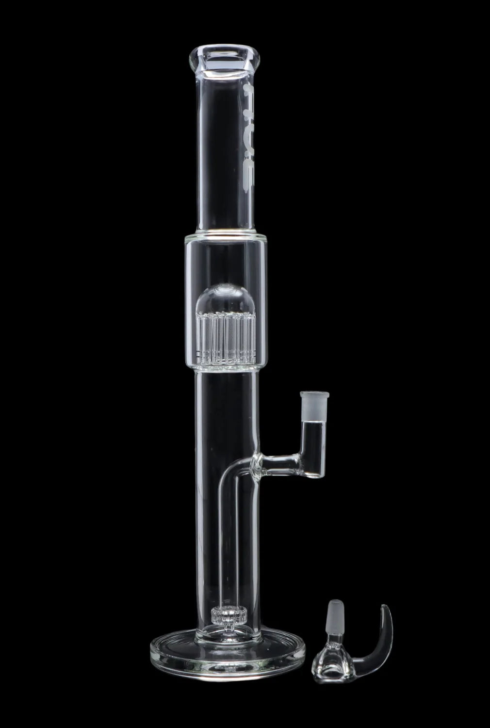 Tall front view of the Hue - Tower Water Pipe Clear - 17.75" showing its straight clear glass tube, percolator chamber, and base on black background