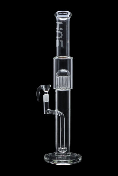 Straight-on studio shot of the Hue - Tower Water Pipe Clear - 17.75" showing the tall clear glass tube, circular base, and inline percolator against a black background