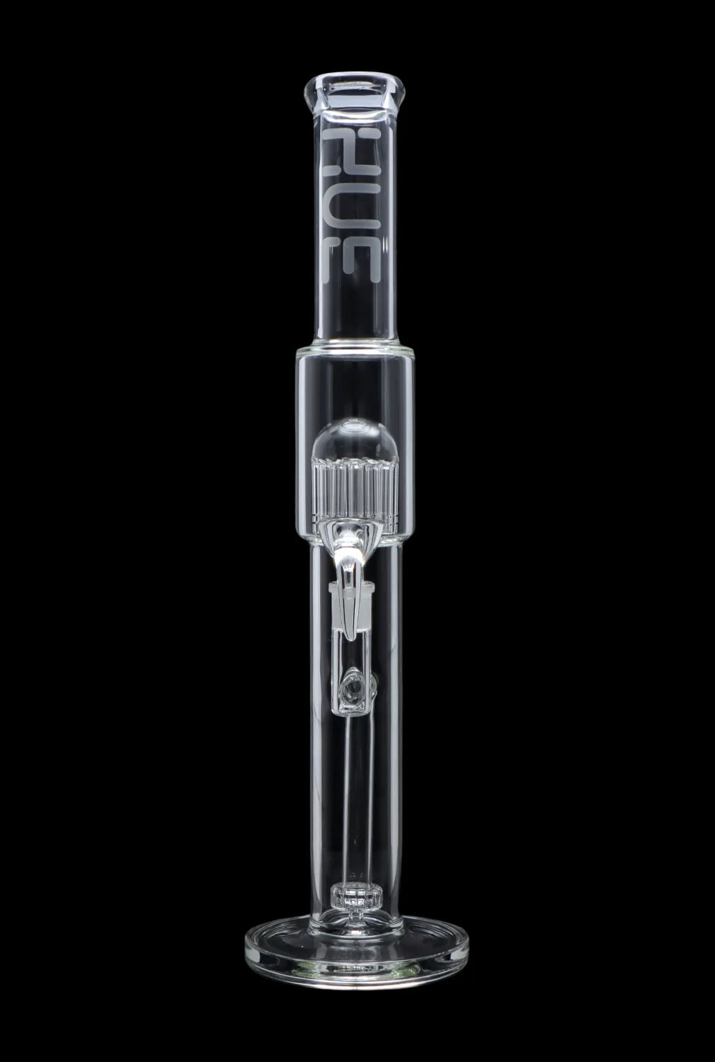 Center-frontal view of the Hue - Tower Water Pipe Clear - 17.75" standing against a black background, showing internal percolator details.