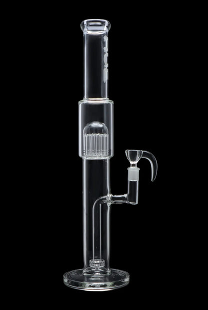 Straight-on view of the Hue - Tower Water Pipe Clear - 17.75" showing the tall clear glass tube, percolator chamber and removable downstem against a black background