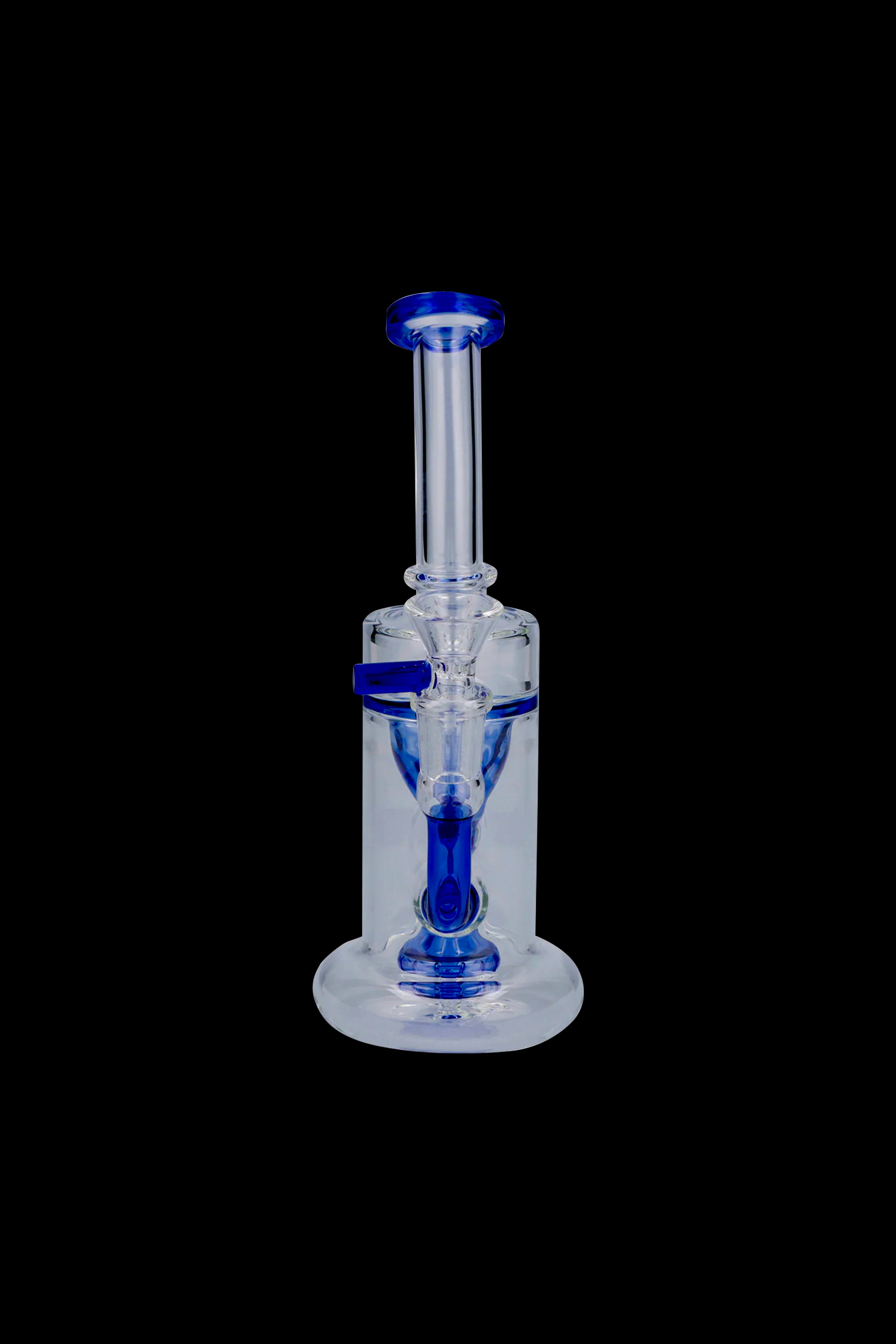 Centered vertical shot of the Milky Blue Showerhead Incycler Bong showing its clear glass neck and blue-accented showerhead percolator against a black background