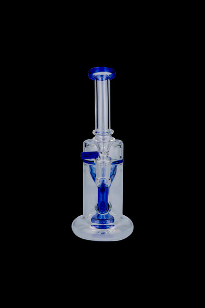 Centered vertical shot of the Milky Blue Showerhead Incycler Bong showing its clear glass neck and blue-accented showerhead percolator against a black background