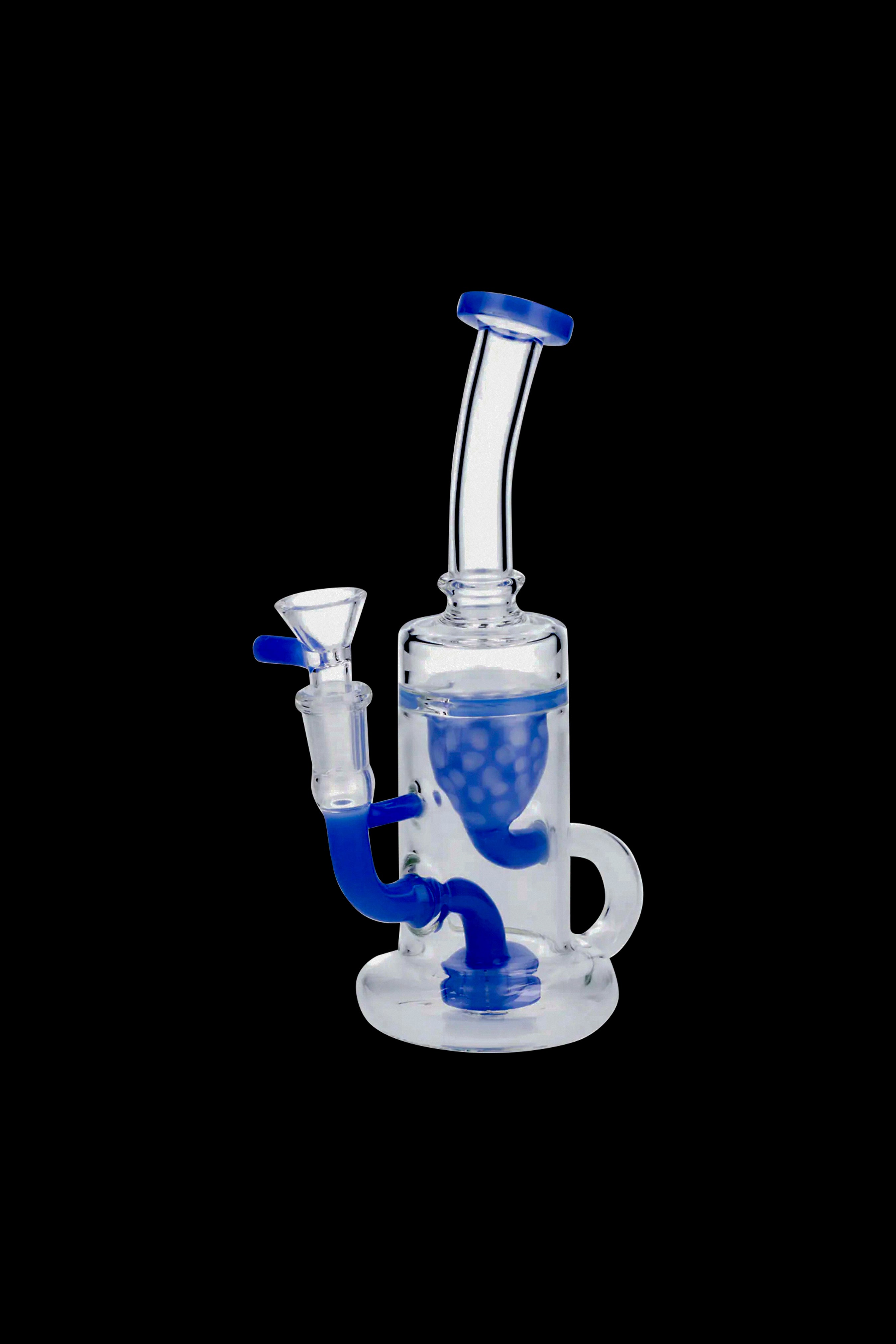 Angled close-up of the Milky Blue Showerhead Incycler Bong showing its clear glass body, curved neck and blue showerhead percolator against a black background