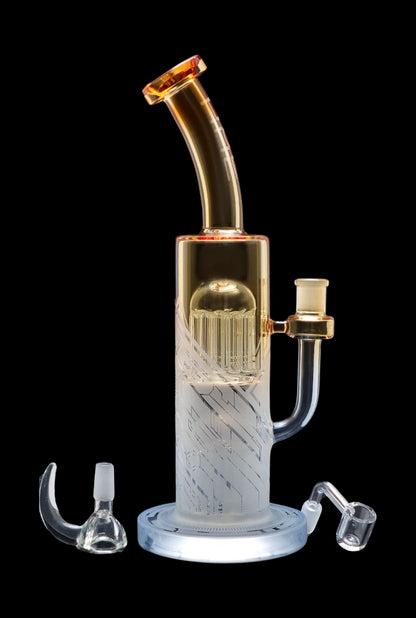 Glass water pipe (rig) with diffusion perc, including quartz banger and carb cap, isolated on a black background.