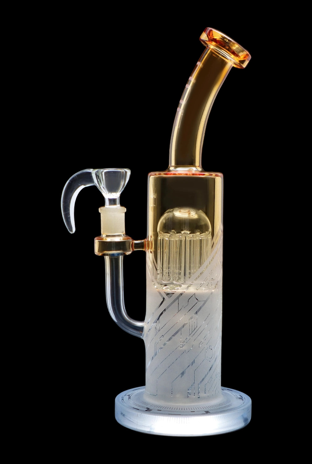 Glass water pipe (bong) with intricate percolator design.